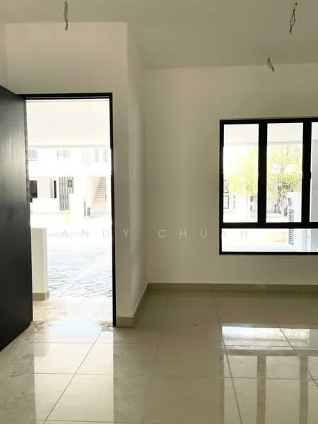 Room features: white painted walls, glossy tile flooring, large window with black frame, black door, natural light from window, open layout, no visible furniture, minimalist decor; style: modern; view: courtyard.