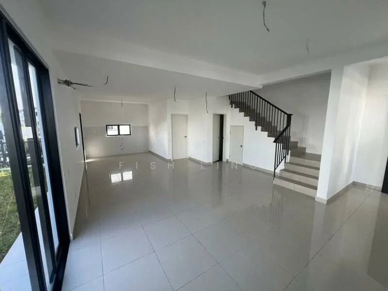 Room features: white painted walls, glossy ceramic tile flooring, staircase with black metal railing, large windows with black frames, door leading to another room, door leading to staircase, ceiling with exposed wiring, open layout; style: modern; view: garden.
