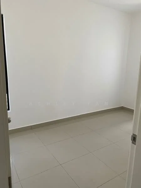 Room features: white painted walls, tile flooring, single window, neutral color scheme, no visible furniture, minimal decor, standard door, corner room; style: minimalist.