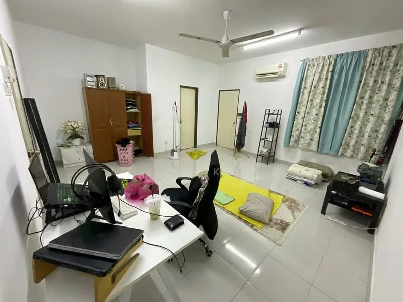 Room features: white painted walls, glossy tile flooring, ceiling fan, window with sheer curtains, light blue curtains, wooden wardrobe, black office chair, white desk, laptop on desk, pink storage basket, folded bedding on floor, clothes rack, decorative plant, area rug; style: modern.