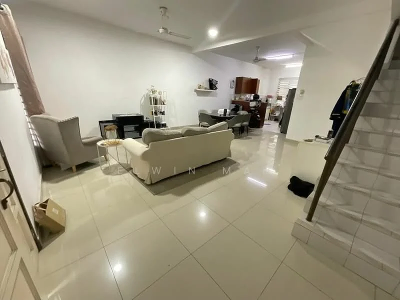 Living features: cream fabric sofa, 2-seater sofa, coffee table, TV console, wall-mounted TV, area rug, white painted walls, glossy tile flooring, ceiling fan, decorative shelving unit, natural light from windows, staircase leading to upper level; style: modern. Room features: dining table, chairs, kitchen area visible in background.