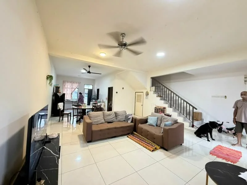 Living features: 3-seater fabric sofa in beige, 2-seater fabric sofa in grey, coffee table, TV console, wall-mounted TV, ceiling fan with light, marble flooring, white painted walls, decorative wall shelf, area rug with geometric pattern; style: modern. Dining features: dining table for 6, upholstered dining chairs, ceiling fan, white painted walls, marble flooring; style: modern.