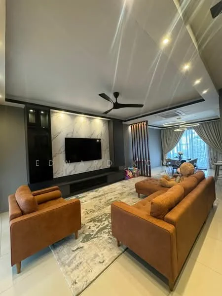 Living features: 3-seater fabric sofa in brown, 2-seater fabric sofa in brown, area rug with abstract pattern, wall-mounted TV, feature wall with marble finish, recessed downlights, ceiling fan with light, curtains, decorative wall panels, open-plan layout to dining area; style: modern; view: city.