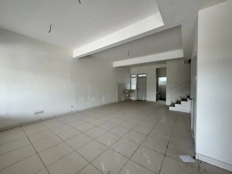 Room features: white painted walls, flat ceiling, tile flooring, large windows, staircase visible, open layout, natural light, no visible furniture.