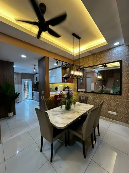 Dining features: 6-seater dining table with marble top, upholstered dining chairs, pendant lighting above table, decorative mirror on wall, wall with patterned wallpaper, white tiled flooring, 5-blade ceiling fan with light, potted plant in corner; style: modern. Kitchen features: kitchen cabinetry with wood finish, white countertop, built-in appliances, open layout to dining area; style: modern.