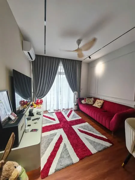 Living features: red fabric sofa, area rug with Union Jack pattern, wall-mounted TV, white TV console, floor-to-ceiling windows, sheer curtains, grey drapes, ceiling fan, wooden flooring, decorative cushions; style: modern.