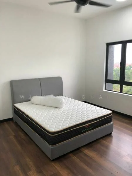 Bedroom features: queen-size bed, upholstered headboard, white walls, dark wood flooring, floor-to-ceiling windows, black window frames, ceiling fan; style: modern; view: garden.