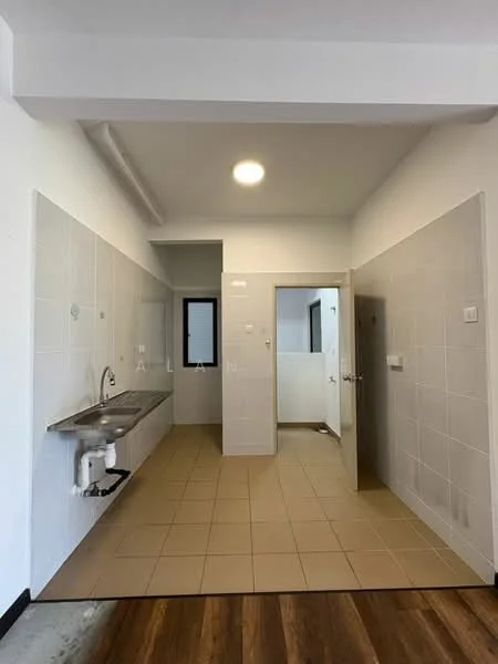 Laundry features: single-bowl stainless-steel sink, chrome faucet, white tiled walls, beige tiled flooring, light fixture on ceiling, door leading to another room, window for natural light, plumbing visible under sink; style: modern.
