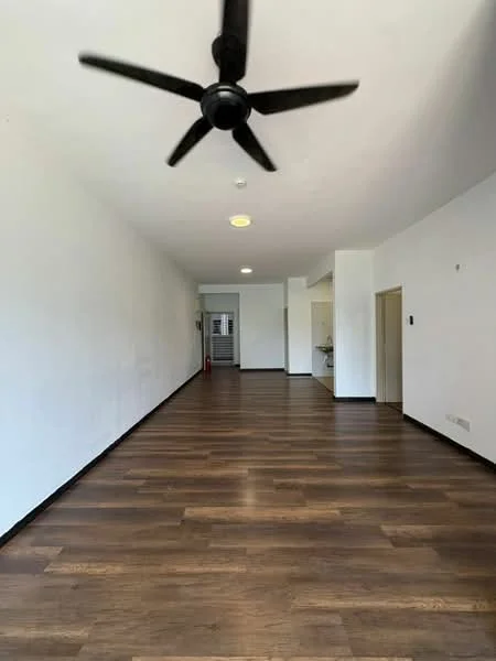 Room features: wooden flooring, white painted walls, 5-blade ceiling fan, recessed downlights, open layout, doorway leading to another room, large windows, neutral color scheme; style: modern.