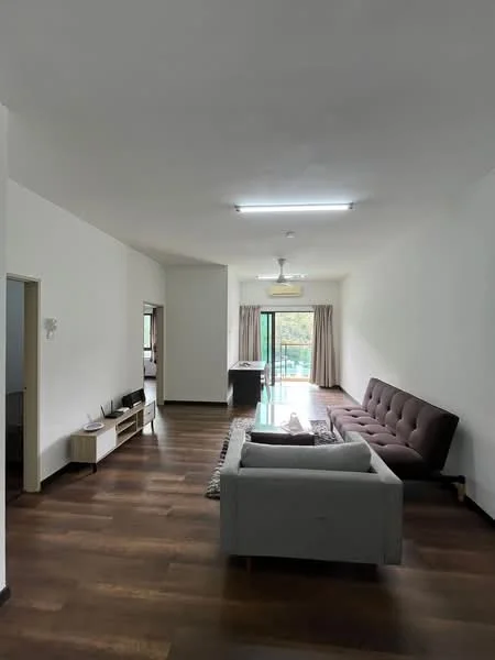 Living features: 3-seater fabric sofa in brown, 2-seater fabric sofa in light grey, coffee table, TV console, wall-mounted TV, area rug, laminate wood flooring, white painted walls, recessed LED downlights, ceiling fan, floor-to-ceiling windows, curtains, open layout; style: modern; view: garden.