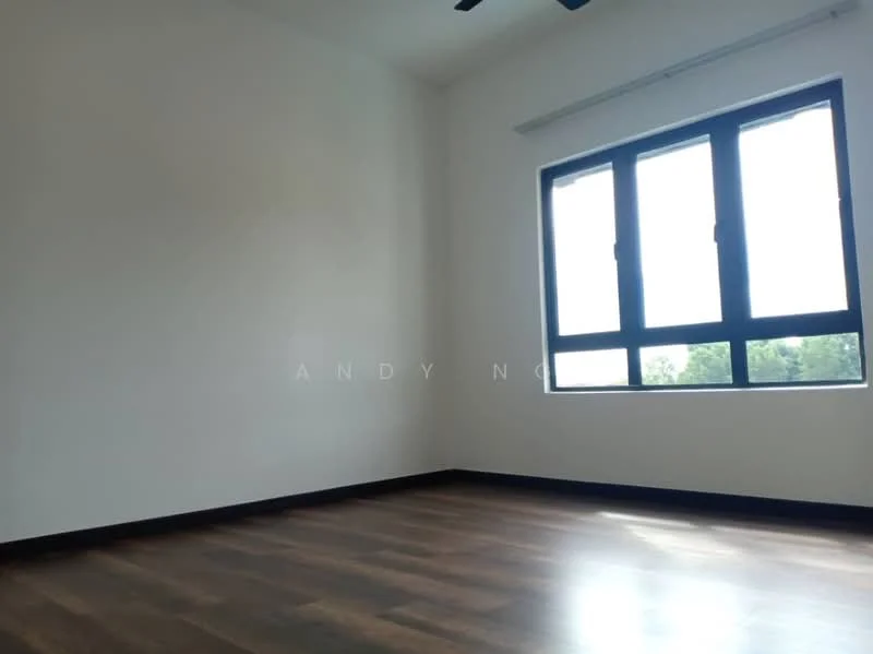 Room features: white painted walls, dark wood flooring, floor-to-ceiling windows, black ceiling fan, window treatments, natural light from windows; style: modern; view: garden.
