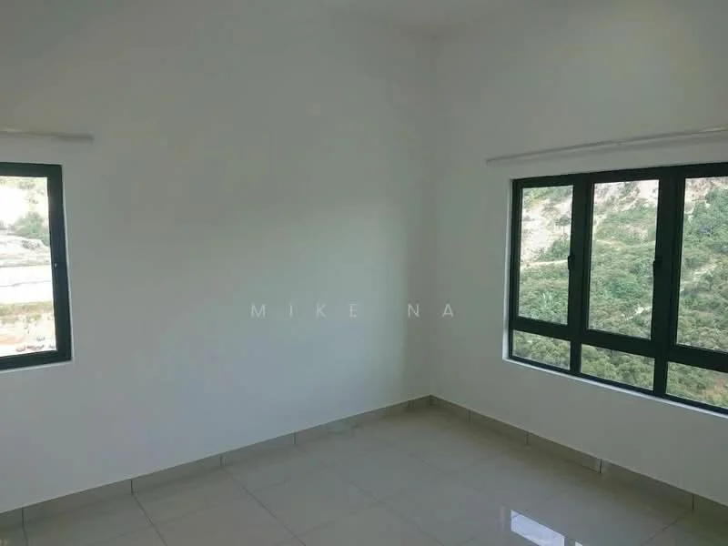 Room features: white painted walls, tile flooring, 2 windows with green frames, mountain view, no visible furniture, bright natural light, corner room, neutral color scheme; view: mountain.