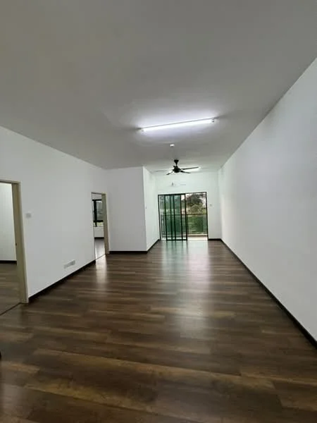 Room features: white painted walls, wooden flooring, ceiling fan, large glass sliding door, natural light from sliding door, high ceiling, open layout; style: modern; view: garden.