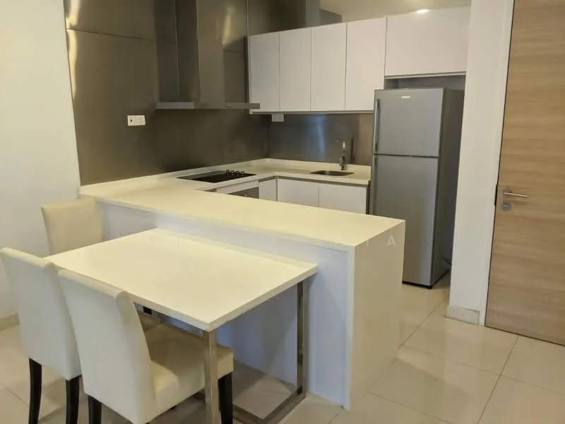 Kitchen features: white cabinetry, stainless-steel backsplash, white countertop, built-in oven, 4-burner gas hob, stainless-steel sink, chrome pull-down faucet, stainless-steel fridge, dining table for two, two upholstered dining chairs, tile flooring, recessed lighting; style: modern.