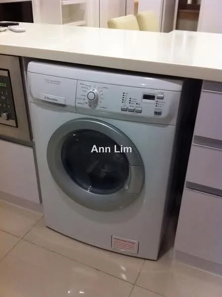 Laundry features: front-load washing machine, white appliance, built-in cabinetry, light-colored countertop, glossy tile flooring; style: modern.