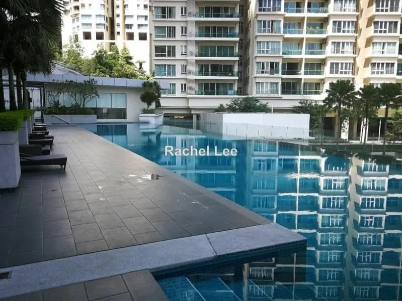 Exterior type: high-rise condominium; features: infinity pool, pool deck with loungers, surrounded by palm trees, glass curtain wall facade, manicured landscaping, reflections of the building in the water; style: modern.