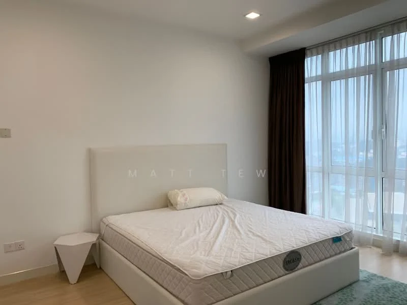 Bedroom features: queen-size bed, upholstered headboard, floor-to-ceiling windows, sheer curtains, wooden flooring, recessed downlights, decorative bedside table, city view; style: modern; view: city.