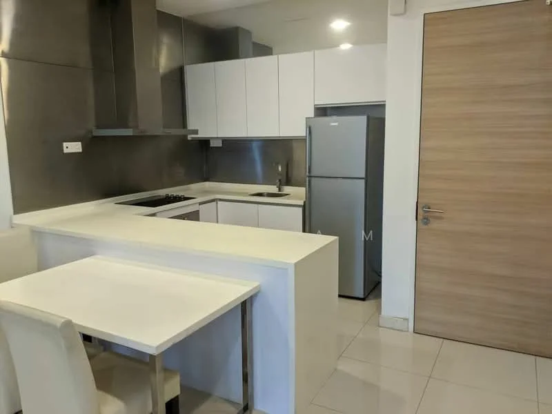 Kitchen features: white cabinetry, stainless-steel appliances, stainless-steel range hood, 4-burner gas hob, single-bowl stainless-steel sink, chrome pull-down faucet, white quartz countertop, tile backsplash, built-in refrigerator, dining table for 2, cream-colored dining chairs, polished ceramic tile flooring, recessed downlights; style: modern.