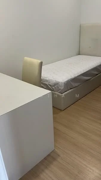 Bedroom features: single bed, upholstered headboard, white bedding, light wood flooring, white painted walls, built-in wardrobe, study desk, chair; style: modern.