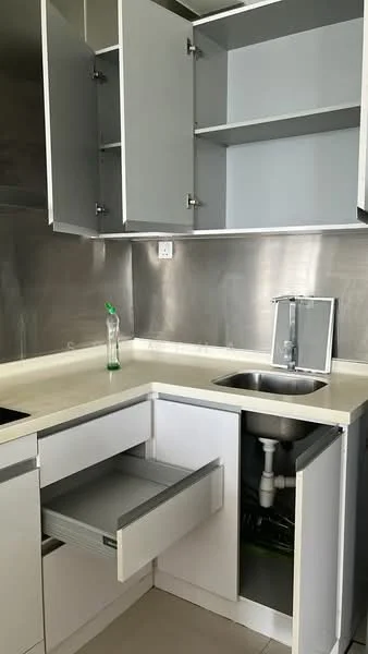 Kitchen features: stainless-steel sink, chrome pull-down faucet, white cabinetry, open upper cabinets, drawer under sink, countertop with light color, grey backsplash, tile flooring; style: modern.