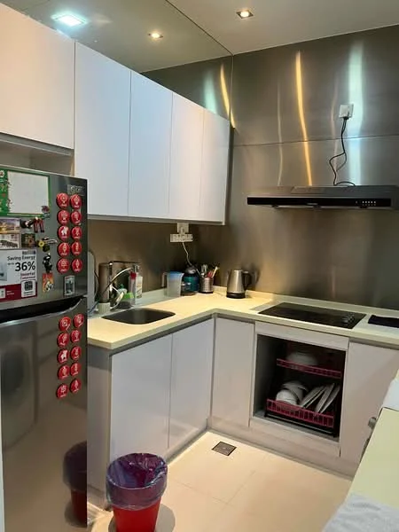 Kitchen features: white flat-panel cabinets, stainless-steel backsplash, white countertop, built-in induction cooktop, stainless-steel range hood, single-bowl stainless-steel sink, chrome pull-down faucet, stainless-steel fridge, red plastic waste bin, open shelving, dish rack, kettle, coffee machine; style: modern.