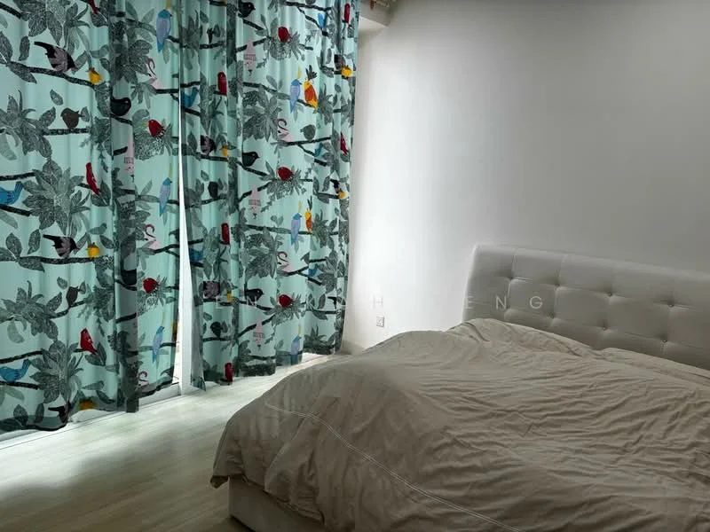 Bedroom features: queen-size bed, upholstered headboard, light-colored bedding, floor-to-ceiling windows, curtains with bird and floral pattern, light wood flooring, white painted walls, decorative wall with soft lighting; style: modern.