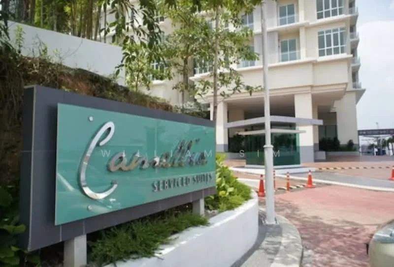 Exterior type: serviced apartment; features: glass facade, white painted facade, manicured landscaping, paved driveway, entrance with awning, signage with logo, surrounded by greenery; style: modern.