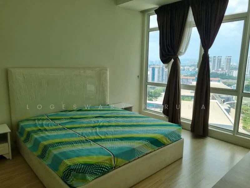 Bedroom features: king-size bed with upholstered headboard, striped bedding in blue and green, floor-to-ceiling windows, curtains in dark brown, laminate flooring, nightstand on either side of the bed, view of city skyline, decorative wall with light-colored paint; style: modern; view: city.