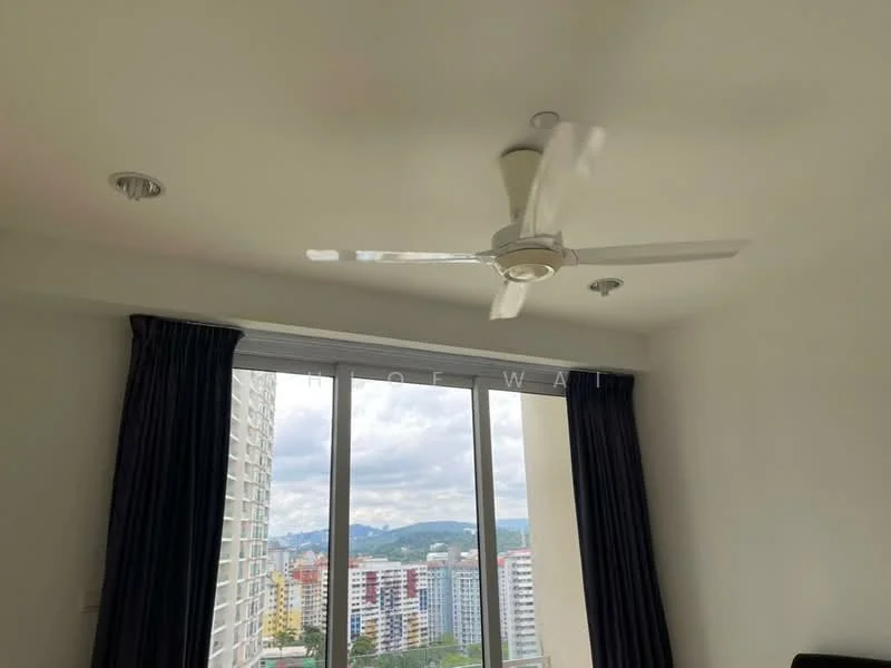 Room features: white painted walls, ceiling fan, floor-to-ceiling windows, dark curtains, city view; view: city.
