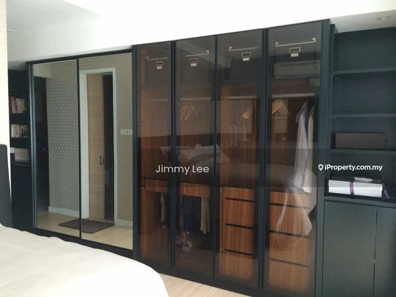 Bedroom features: built-in wardrobe with glass doors, wooden shelving, hanging space for clothes, drawers in wardrobe, neutral wall colour, laminate flooring, bedside table, decorative items on shelves; style: modern.