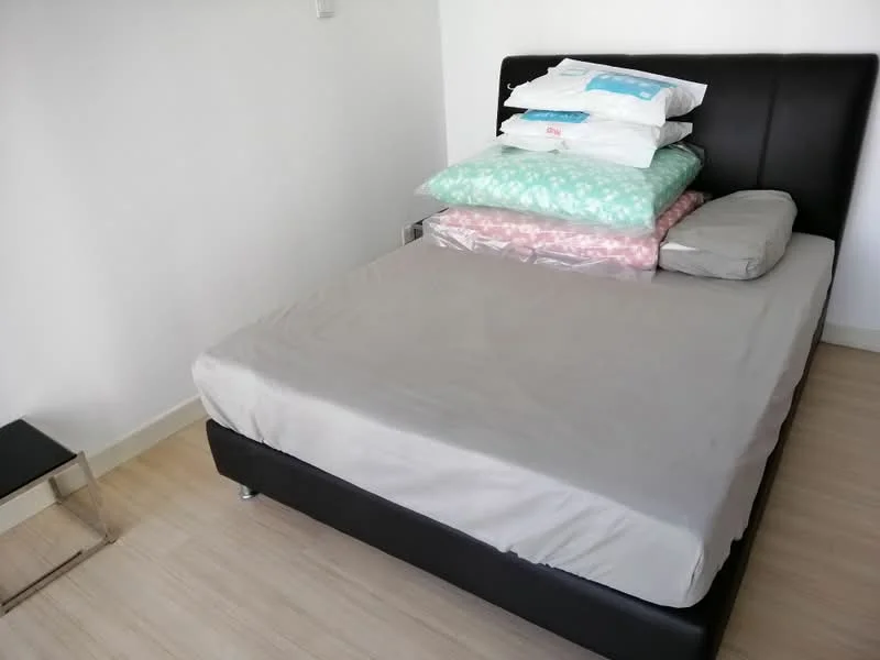 Bedroom features: king-size bed, black upholstered headboard, light grey bed sheet, stack of pillows in various colors, light wood flooring, small black side table; style: modern.
