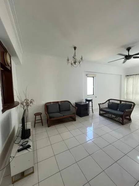 Living features: white painted walls, glossy white tile flooring, 5-blade ceiling fan, chandelier, 2-seater rattan sofa, 3-seater rattan sofa, wooden side table, TV console, wall-mounted TV, large window with sheer curtains; style: modern.