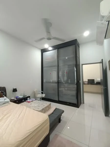 Bedroom features: queen-size bed, upholstered headboard, 2 bedside lamps, built-in wardrobe with glass doors, ceiling fan, recessed LED downlights, white painted walls, glossy ceramic tile flooring, desk with chair, wall-mounted air conditioning unit; style: modern.