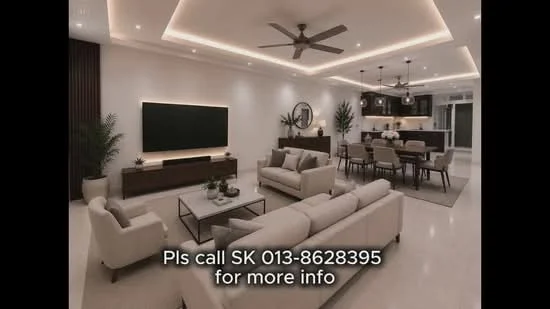Living features: 3-seater fabric sofa in beige, 2-seater fabric sofa in beige, coffee table with black frame, wall-mounted TV, TV console in dark wood, ceiling with recessed LED lighting, 5-blade ceiling fan with light, decorative wall mirror, houseplants in ceramic pots, area rug with geometric pattern, dining table with 6 upholstered chairs, open kitchen area with island, pendant lighting over dining area; style: modern.