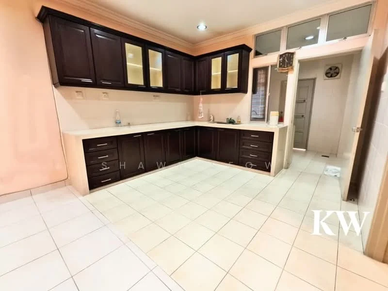 Kitchen features: dark wood cabinetry, white countertop, ceramic tile flooring, built-in oven, stainless-steel sink, chrome pull-down faucet, glass-front upper cabinets, multiple drawers, wall-mounted cabinet, neutral wall color, recessed lighting; style: modern.