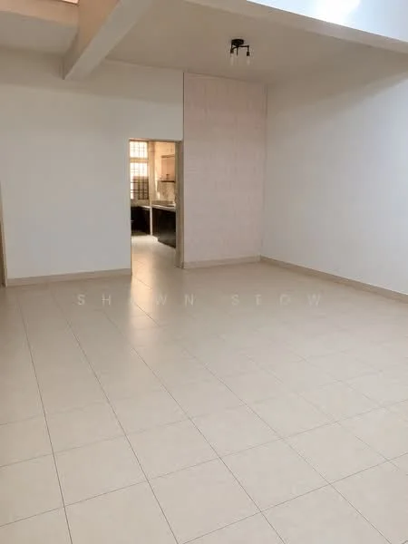 Room features: cream painted walls, light-colored tile flooring, recessed downlights, open layout, large windows, neutral color scheme, high ceiling, wall with wallpaper accent; style: modern.