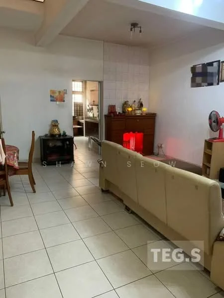 Living features: cream painted walls, white tiled flooring, sofa in beige, coffee table, TV console, wall-mounted fan, decorative cabinet, artwork on wall, recessed lighting, open layout to adjacent room. Room features: white tiled flooring, cream painted walls, light from adjacent room, doorway leading to another room.