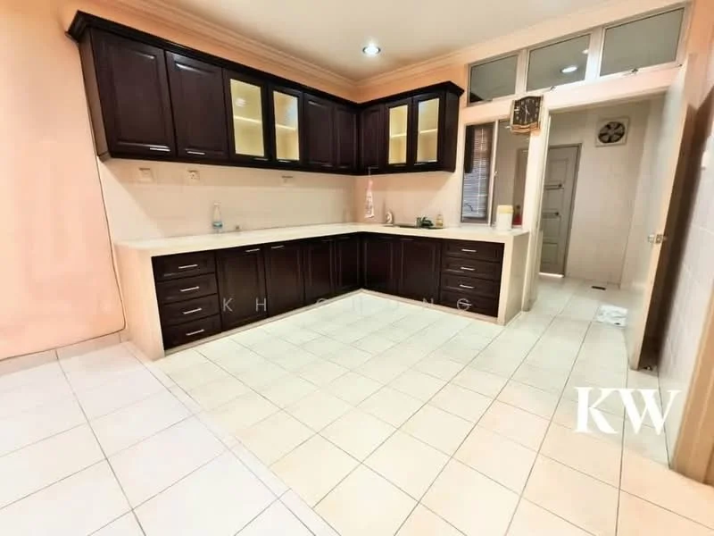 Kitchen features: dark wood cabinetry, white countertop, ceramic tile flooring, built-in cabinets with glass doors, single-bowl stainless-steel sink, chrome pull-down faucet, wall-mounted light fixture, open layout, neutral wall color, window for natural light; style: modern.