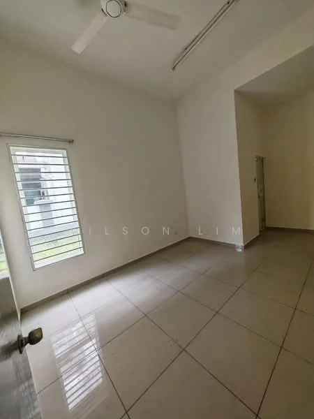 Room features: white painted walls, glossy ceramic tile flooring, ceiling fan, window with horizontal slats, door to adjacent room, natural light from window; view: garden.