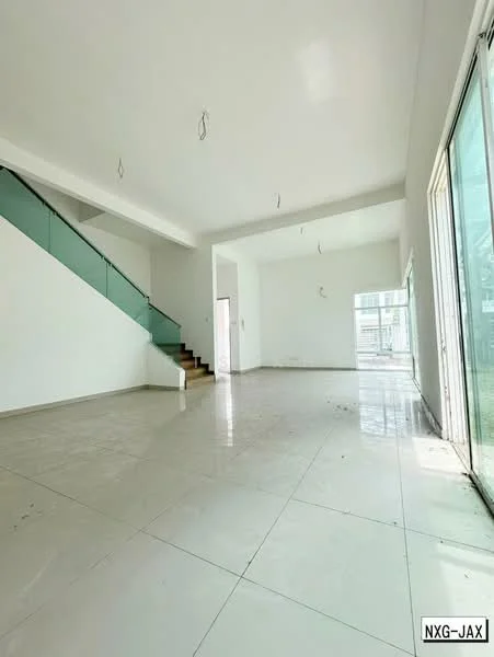Living features: white painted walls, polished tile flooring, large glass sliding doors, floor-to-ceiling windows, staircase with glass railing, high ceiling, no visible lighting fixtures, open layout; style: modern.
