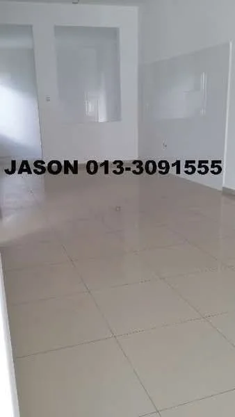 Room features: white painted walls, glossy ceramic tile flooring, large open space, natural light from windows, no visible furniture or fixtures.
