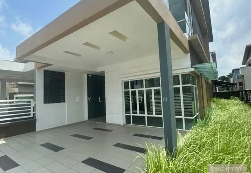 Exterior type: detached bungalow; features: white painted facade, flat roof, large windows, covered porch, tiled flooring, manicured lawn, green landscaping, sliding glass door, horizontal louvered windows, exposed concrete columns; style: modern.