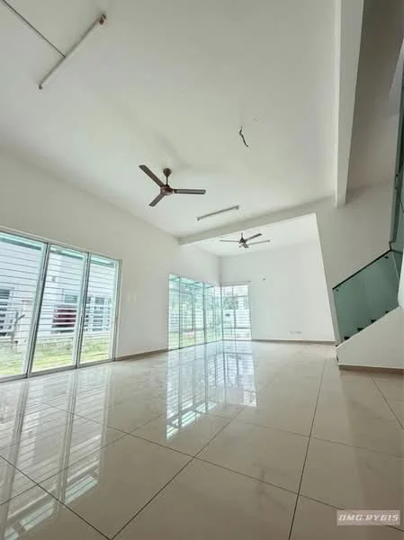 Living features: white painted walls, glossy ceramic tile flooring, 2 ceiling fans, large floor-to-ceiling windows, sliding glass doors, natural light, open layout, high ceiling; style: modern; view: garden.