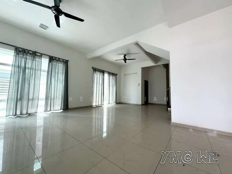 Living features: white painted walls, polished floor tiles, 2 ceiling fans, floor-to-ceiling windows, sheer curtains, natural light, open layout, high ceiling; style: modern.