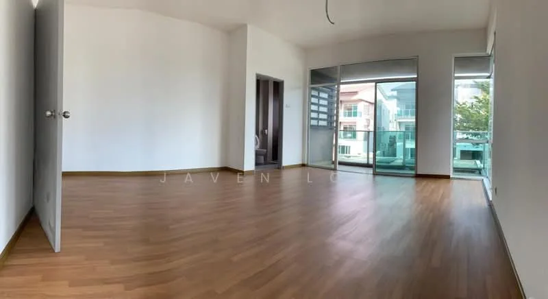 Room features: laminate flooring, white painted walls, large glass sliding door, balcony access, natural light from windows, open layout, neutral color scheme, high ceiling; style: modern; view: garden.
