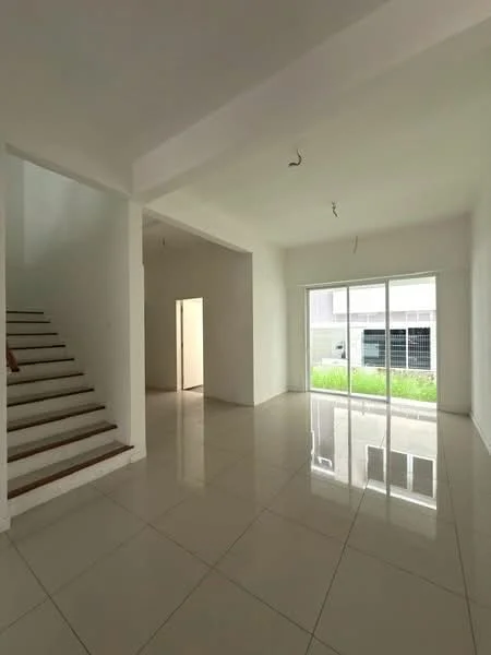 Room features: white painted walls, polished ceramic tile flooring, large floor-to-ceiling windows, staircase with wooden steps, high ceiling, natural light, open layout, no visible furniture; style: modern; view: garden.