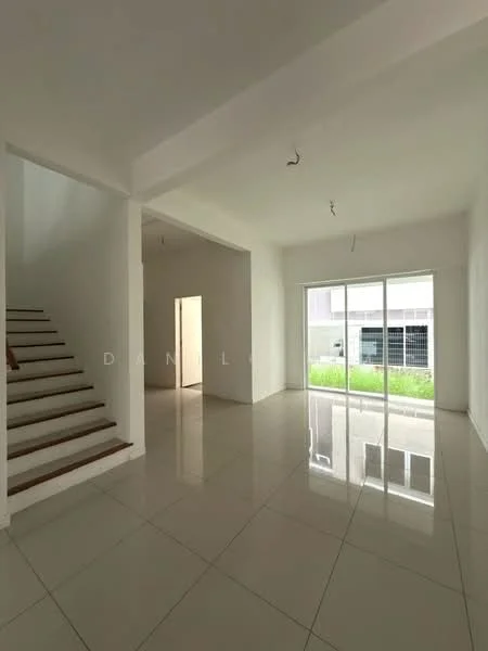 Room features: white painted walls, glossy tile flooring, staircase with wooden steps, large floor-to-ceiling windows, natural light, open layout, high ceiling, no visible furniture; style: modern; view: garden.