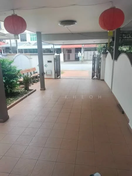 Exterior features: tiled flooring, overhead ceiling light, red lanterns, landscaped plants, fenced entrance, bench seating, paved walkway; style: modern.