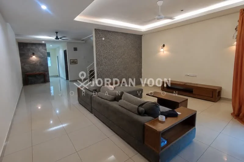 Living features: grey fabric sofa, wooden coffee table, wall-mounted TV console, recessed downlights, ceiling fan, cream painted walls, white ceiling, large floor tiles, decorative wall with stone cladding, orange curtain, open layout; style: modern.