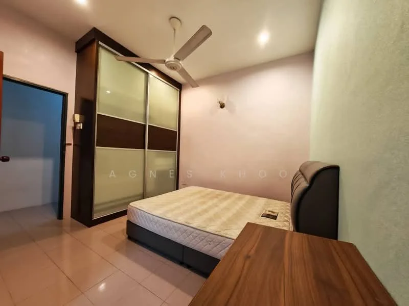 Bedroom features: queen-size bed, upholstered headboard, wooden bedside table, built-in wardrobe with sliding doors, cream painted walls, light-colored tiled flooring, ceiling fan, wall-mounted light fixture; style: modern.